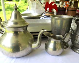 Pewter tea set and serving plates