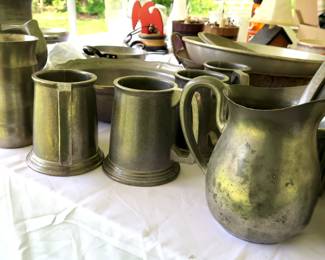 pewter mugs, and wide variety of dishs pots and pans
