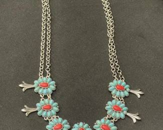 Vintage Native American style squash blossom necklace with faux turqoise and coral