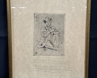 Framed etching by French Post-Impressionist Paul Cezanne, "Portrait of Guillaumin with the Hanged Man" 1873
