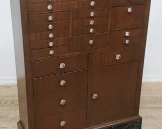 Antique oak dental cabinet with marble top and base