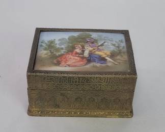 Antique French brass and porcelain trinket box