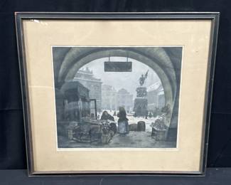 Framed pencil signed color etching by Czech artist Jaromir Stretti-Zamponi