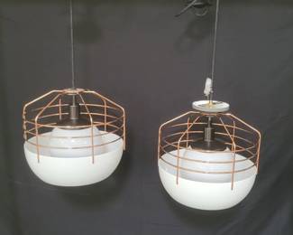 Pair of Roll & Hill bluff city glass and metal hanging lights, light fixtures