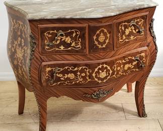 French-style Bombe chest with marble top and brass accents