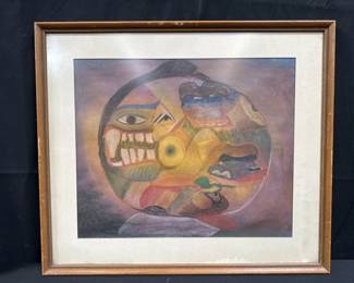 Vintage framed signed abstract pastel on paper
