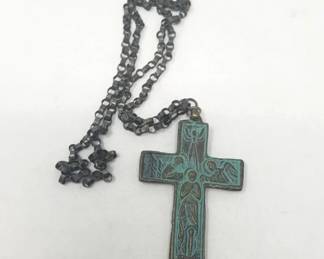 Vintage patinated brass cross with chain