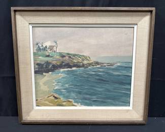 Signed framed water color on rag paper of seaside coast