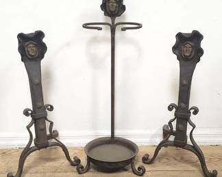 Antique wrought iron and brass fireplace set