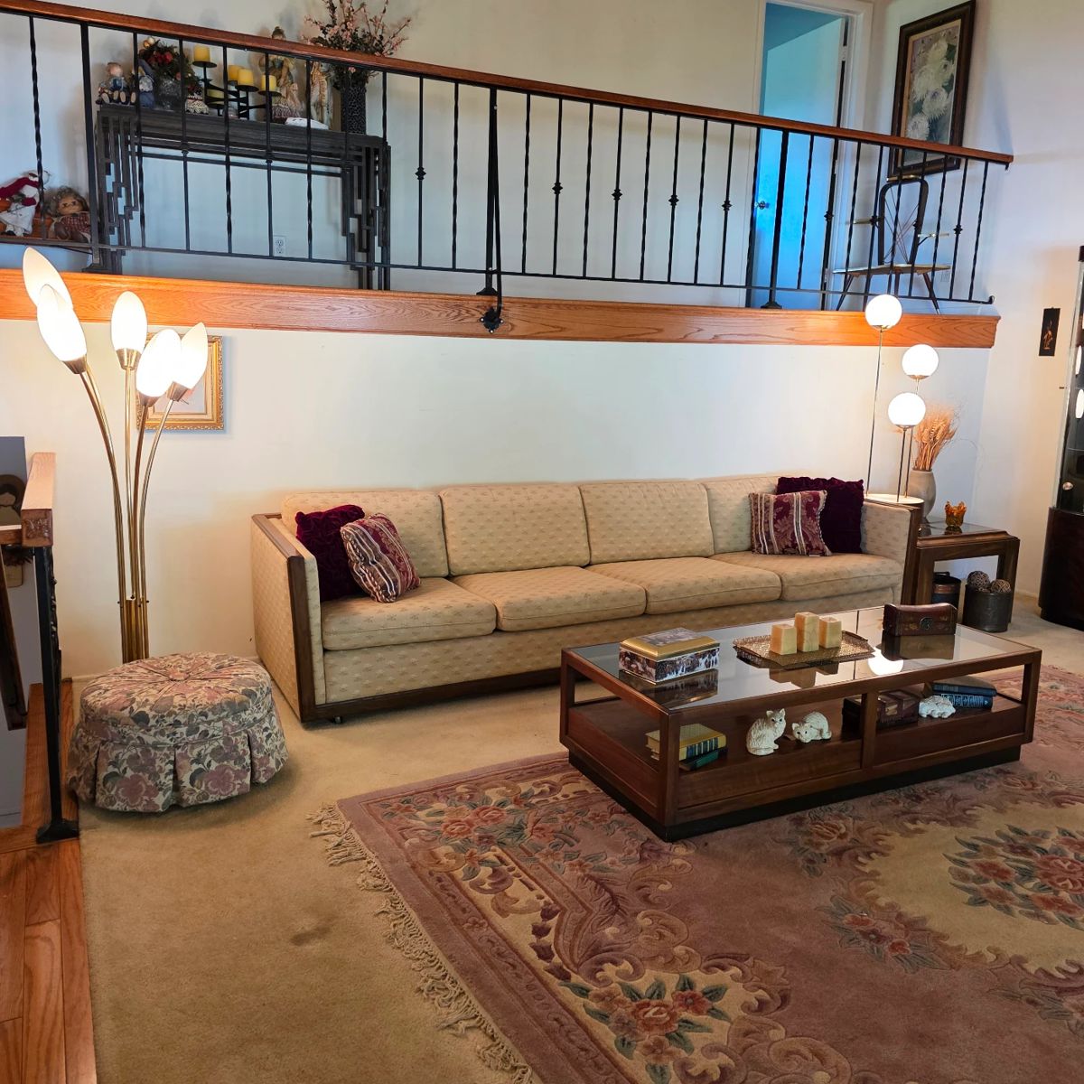 Mid century sofa, coffee table, and mid century modern lamps