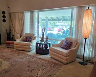 Mid century chairs, accent table, mid century modern floor lamp