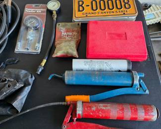 Automotive tools, compression testers, vintage license plates