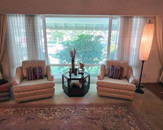 Mid century chairs, table, mid century modern lamp