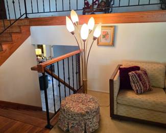 Mid century ottoman, mid century modern tulip floor lamp