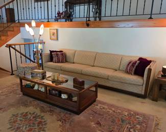 Mid century sofa, coffee table, and mid century modern lamps