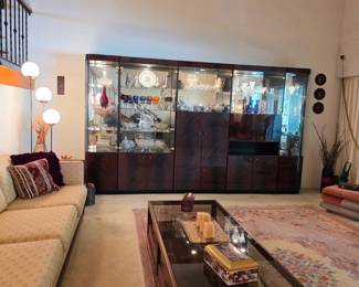 Modular vintage lighted wall unit with bar