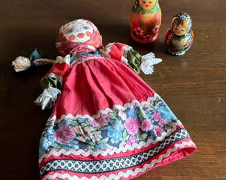 Lot #162 - Vintage Russian Cloth Folk Art Doll and Two Matryoshka Doll Sets