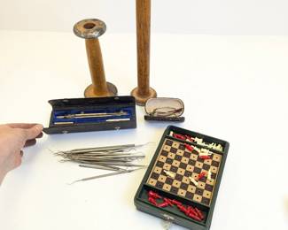 Lot #247 - Vintage Auction Lot of Tools, Spools, Eyewear, and Travel Chess Game