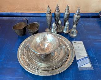 Lot #151 - Sterling Silver Serving Pieces - Salt & Pepper, Creamer & Sugar, Serving Bowls, Platters
