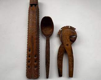 Lot #175 - Vintage Handmade Wooden Items: Instrument, Spoon, Nutcracker