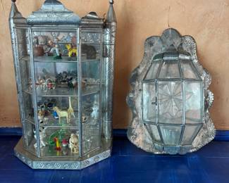 Lot #198 - Vintage Tin & Glass Display Cabinet With Tchotchkes and Tin/Glass Wall Sconce