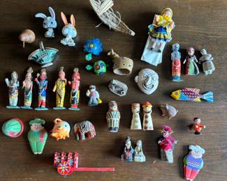 Lot #167 - Vintage Mini Tchotchkes, Including Hindu God Figurines, Worry Dolls, Wood Kiwi Bird, and more