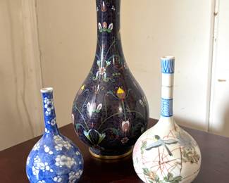 Lot #164 - Antique Chinese Cloisonne Vase, Japanese Hand Painted Vase, & Asian Prunus Vase