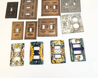 Lot #128 - Vintage Decorative Light Switch Plates Lot Including Tin and Handpainted Talavera