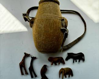 Lot #183 - African Kenya Goat Skin Wood Carved Water Carrier Canteen Jug & Mini Carved Wood Safari Animals