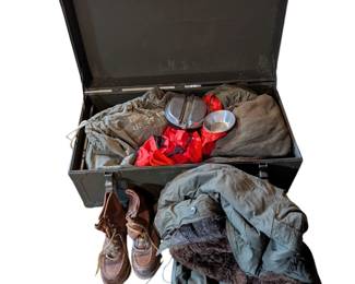 Lot #229 - 1949 Doehler Military Foot Locker US Army Air Force WWII USAF Fur Lined Flight Pants/Jacket, Boots, Mittens, Cook Set