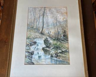 Lot #204 - Signed E.W. Edwards Watercolor of a Creek Through a Forest Wall Art
