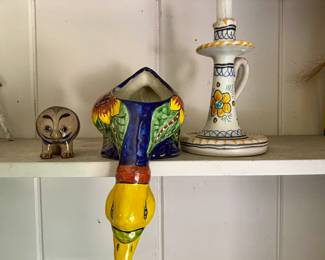 Lot #181 - Vintage Mexican Talavera Pottery Duck Planter, Candle Holder, Lion