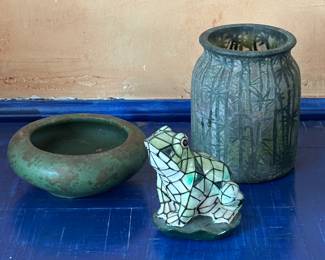 Lot #192 - Antique Handel Lamp Company Lantern, Plus Art Glass Frog Light Cover and Green Vase
