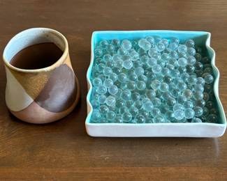 Lot #191 - Ceramic Planter and Tray with Decorative Glass Marbles Lot