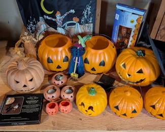 Lot #241 - Halloween Decorative Items Lot Jack O Lanterns Pumpkin Carving Tools Witches Hat Lights Decor