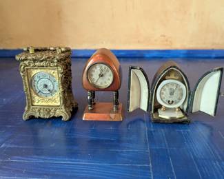 Lot #155 - Antique Miniature Carriage Clock, Mid Century Triangular Pedestal Clock, Bevet Brass & MOP Cased Travel Clock