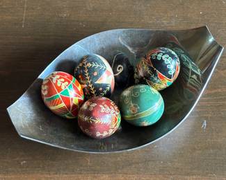 Lot #163 - Ukrainian Pysanky Easter Eggs in a Reed & Barton Silver Plated Bowl