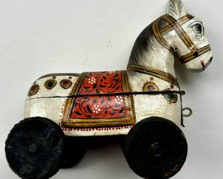 Lot #171 - Antique Wooden Rajasthani Horse on Wheels Hand Painted/Carved Marwari War Horse