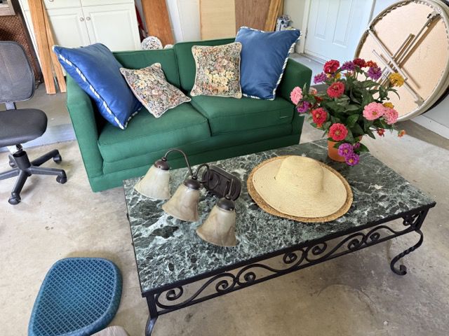 $35 sofa, misc pillows, $60 gorgeous coffee table (previously listed for $250)