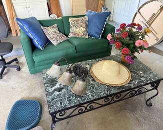 $35 sofa, misc pillows, $60 gorgeous coffee table (previously listed for $250)