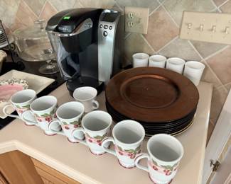 6 coffee cups $10, fairly new coffee maker $20, chargers $20/stack