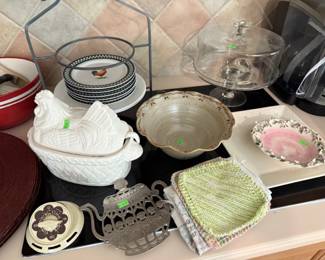 stack of rooster plates $10 + misc other items