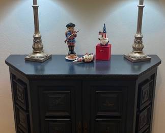 Sorry for the darker pic...this is a small hall or console piece, 2 doors, solid wood, appears to be in the dark blue/teal color family. Solid wood, great piece. Vintage. And did you see what I did there, in preparation for our upcoming 4th of July? Do you see what I did there.....heeeeeheeee.......well, we did conquer the mother land's control and gained our independence, I had to lay the Jim Shore Brittish gnome down and put the American gnome on a pedestal. I just had too.
