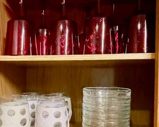 Plastic stemware, silicon covered tumbler glasses, and many small bowls (perfect for portioning items out)