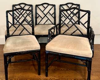 Jonathan Adler Black Lacquer Faux Bamboo Chinese Chippendale Dining Chairs