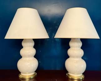 Pair, Patterned Ivory Ceramic Table Lamps with Brushed Brass Base
