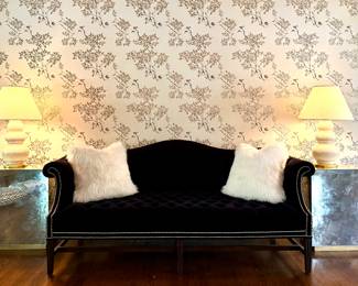 Elegant Black Velvet Camel Back Sofa with Nailhead Trim