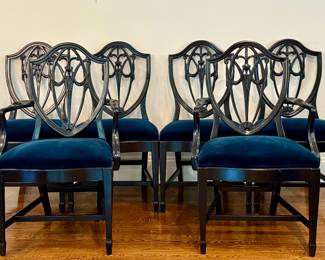 Vintage Shield Back Dining Chairs, Painted in Matte Black with Midnight Cerulean Blue Velvet Upholstery