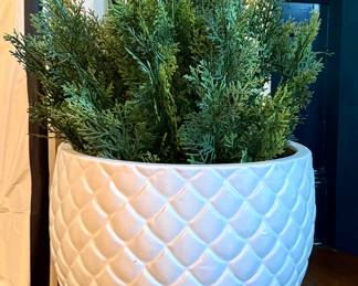 White Planter with Faux Evergreen