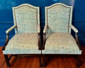 Pair Chippendale Style Velvet Upholstered Chairs with Nailhead Trim
